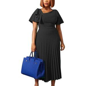 Women's Short Sleeve V-Neck Pleated A-Line Midi Spring Dress